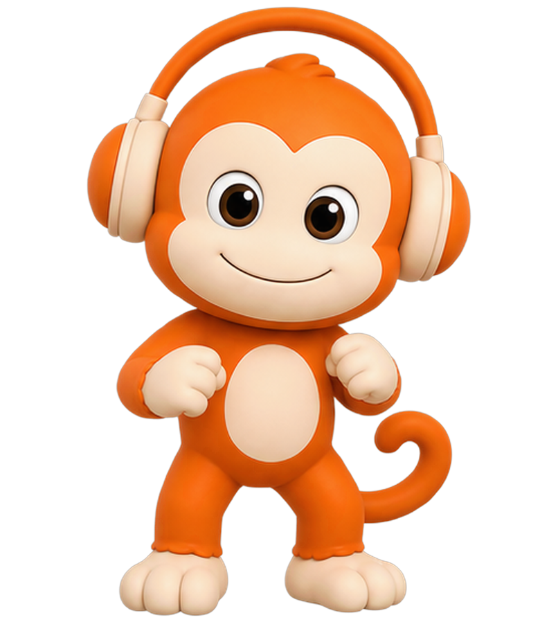 El Mono Que Baila, la mascota de la productora, bailando con auriculares